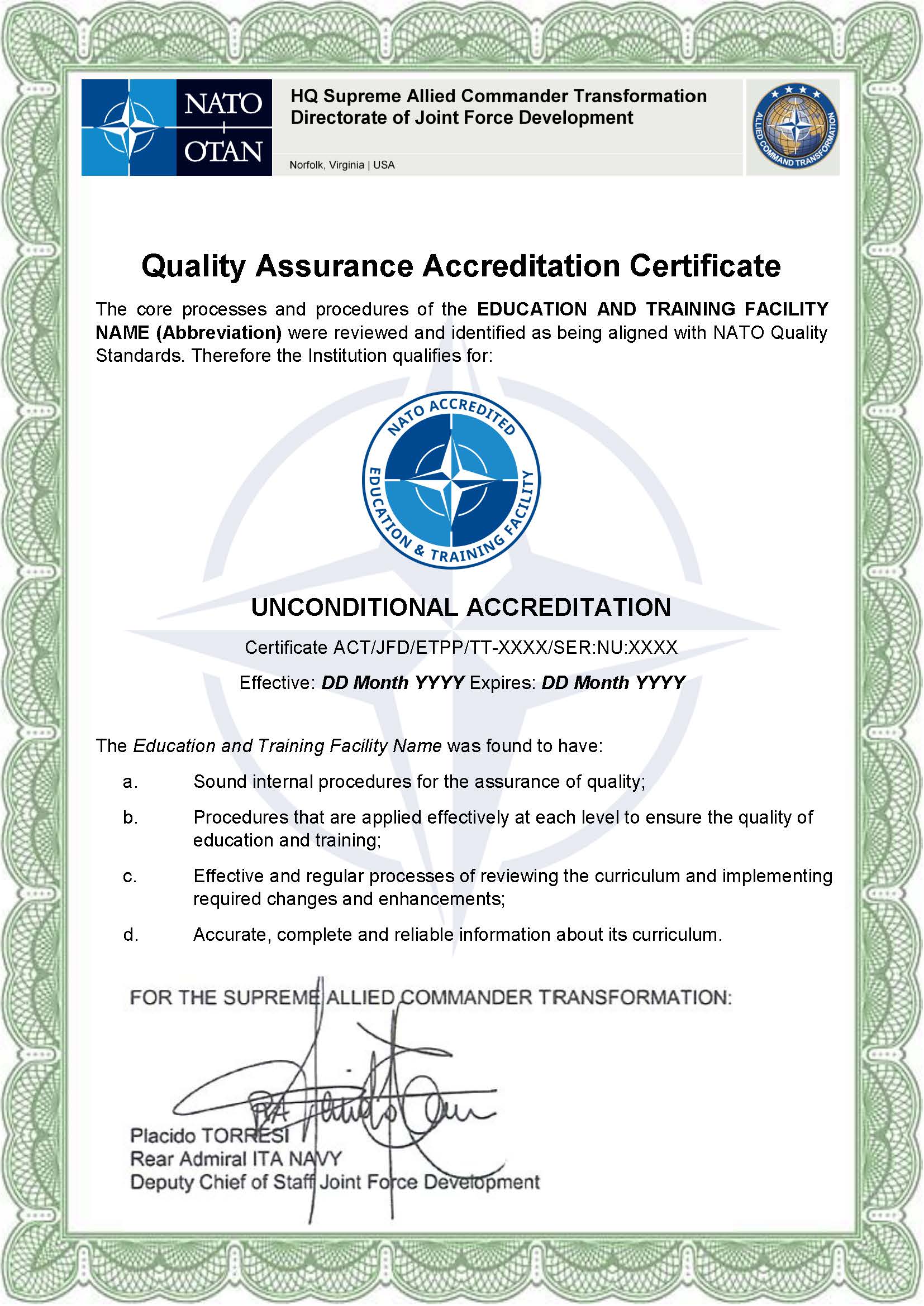 NATO Institutional Accreditation Certificate Template